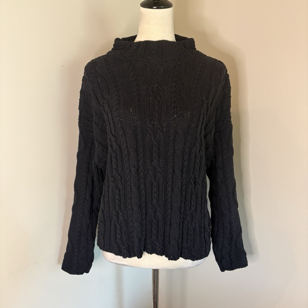 Honest Cotton Black Charlie Cable Knit Sweater Mock Nk Handknit Organic One Size